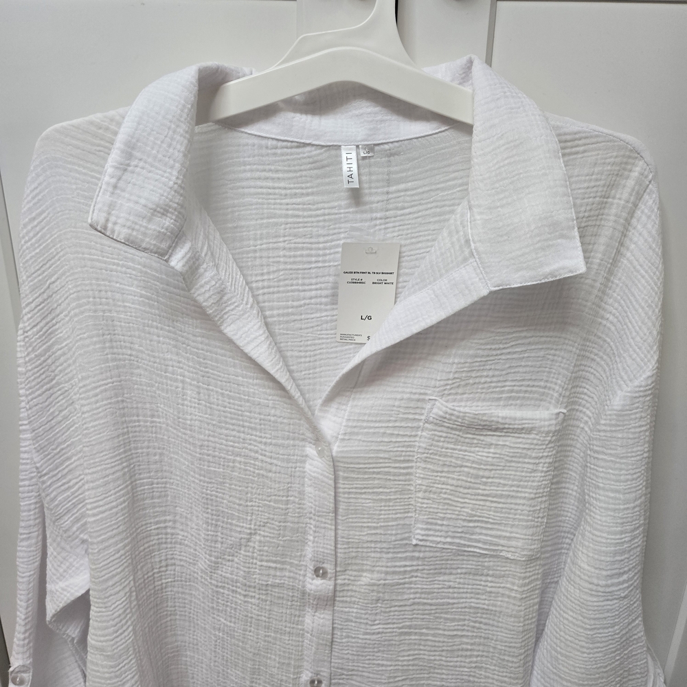 Tahiti White Cotton Gauze Button Up Shirt 1X Beach Cover Up‎ Coastal Resort - Picture 2 of 12